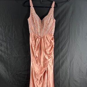 Women’s Formal Evening Gown Beaded Bodice Satin Pink Prom Dress Long Elegant